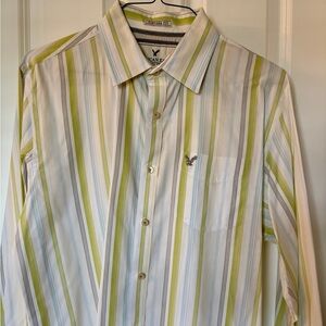 American Eagle Outfitters Men's Green and White Striped Shirt